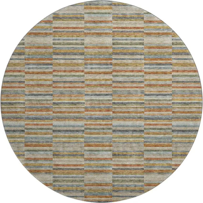 8' Rust Beige And Gray Striped Washable Round Rug With UV Protection Photo 1