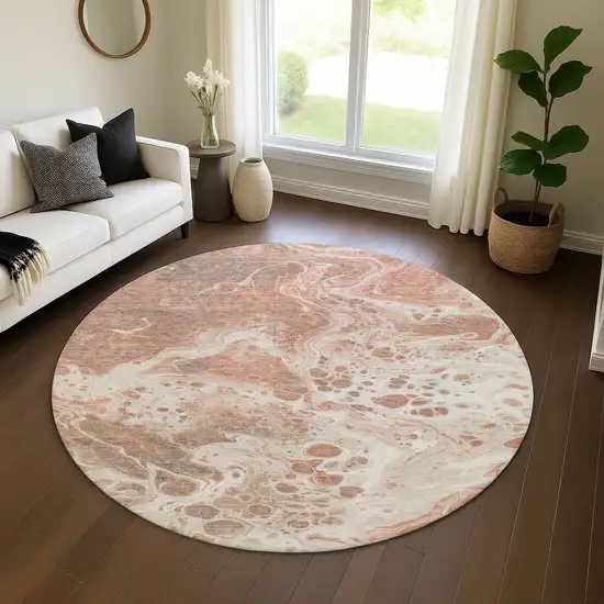 8' Rust Beige And Ivory Abstract Washable Round Rug With UV Protection Photo 4