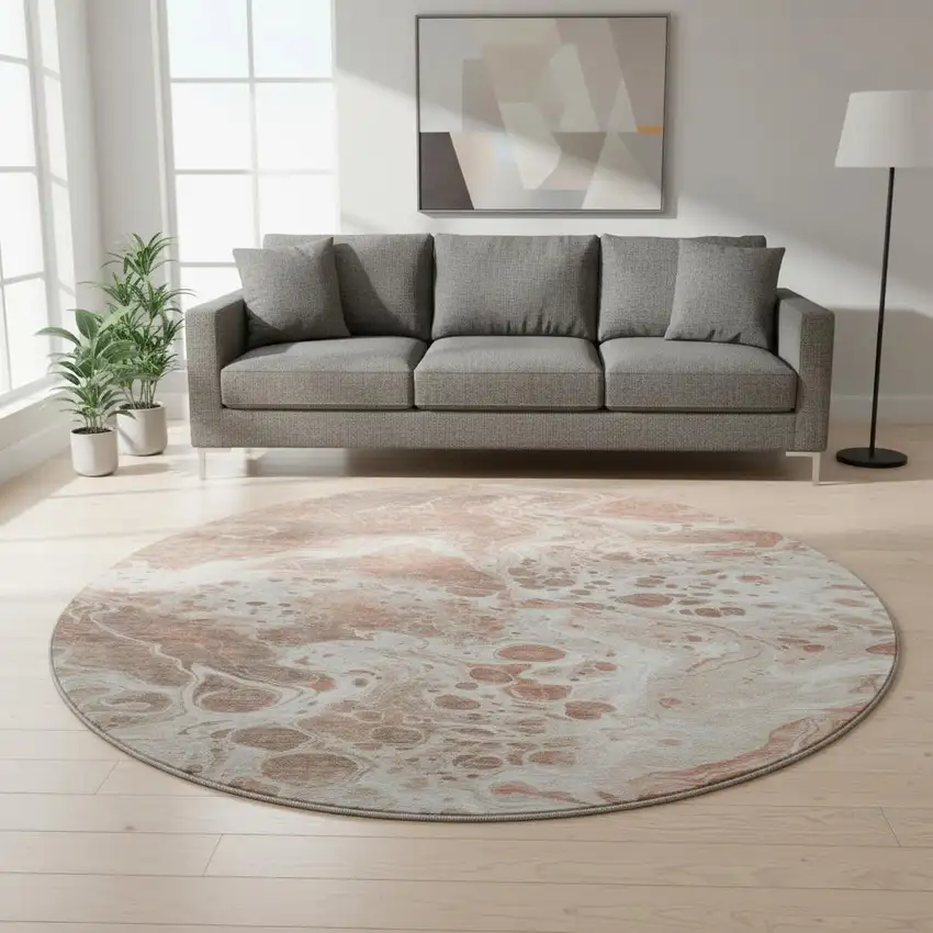 8' Rust Beige And Ivory Abstract Washable Round Rug With UV Protection Photo 2