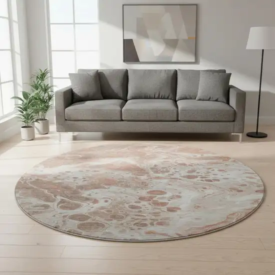 8' Rust Beige And Ivory Abstract Washable Round Rug With UV Protection Photo 2