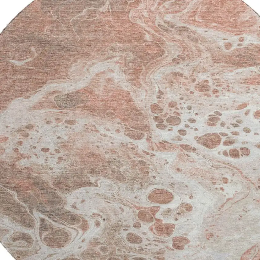 8' Rust Beige And Ivory Abstract Washable Round Rug With UV Protection Photo 2