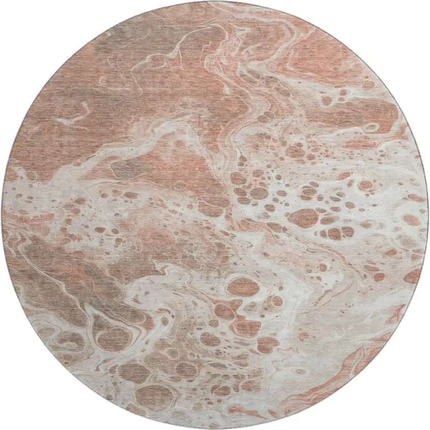 8' Rust Beige And Ivory Abstract Washable Round Rug With UV Protection Photo 1