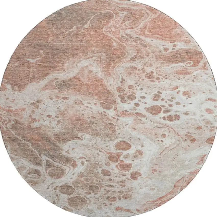 8' Rust Beige And Ivory Abstract Washable Round Rug With UV Protection Photo 3