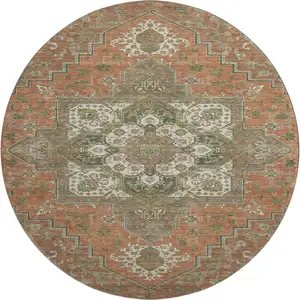 Photo of 8' Rust Beige And Olive Green Oriental Washable Round Rug With UV Protection