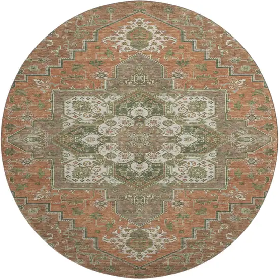 8' Rust Beige And Olive Green Oriental Washable Round Rug With UV Protection Photo 1