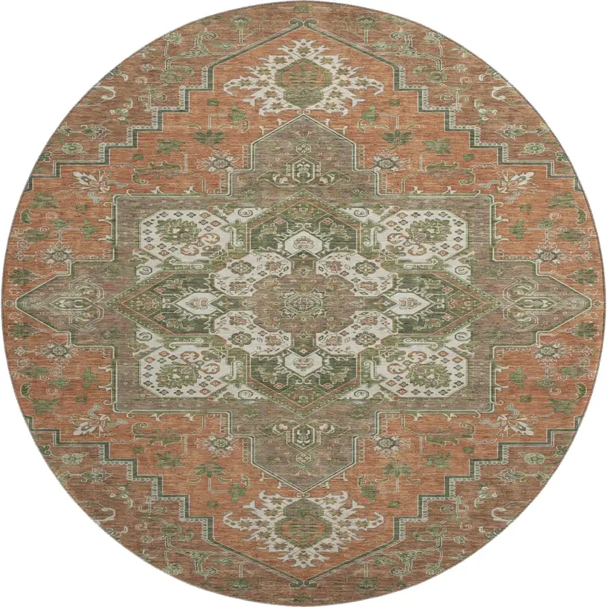 8' Rust Beige And Olive Green Oriental Washable Round Rug With UV Protection Photo 1