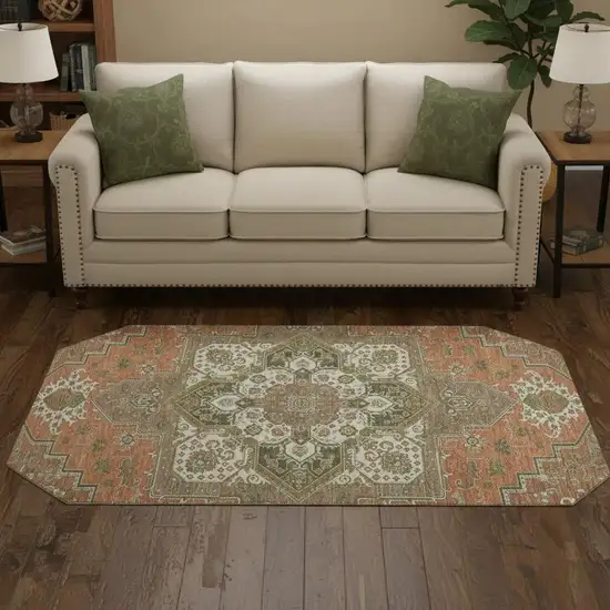 8' Rust Beige And Olive Green Oriental Washable Round Rug With UV Protection Photo 2