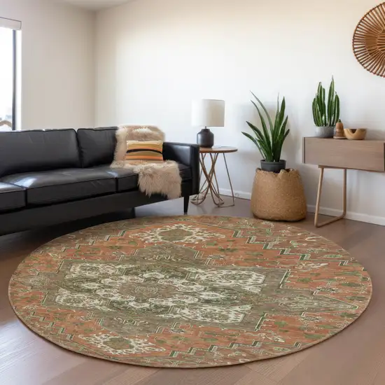 8' Rust Beige And Olive Green Oriental Washable Round Rug With UV Protection Photo 4