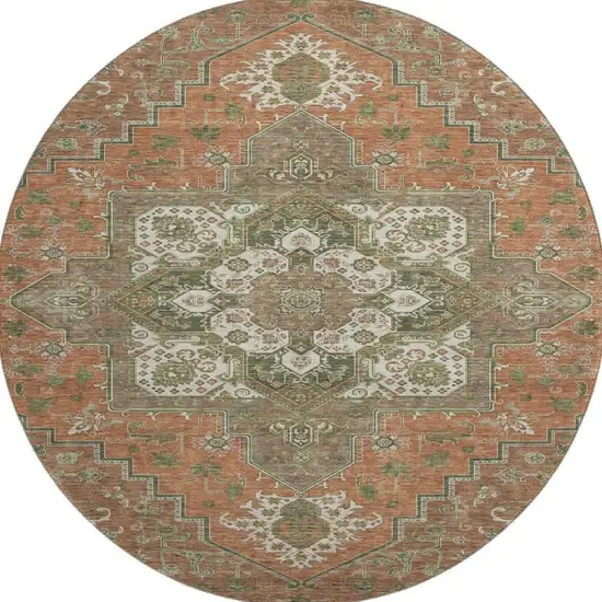 8' Rust Beige And Olive Green Oriental Washable Round Rug With UV Protection Photo 3