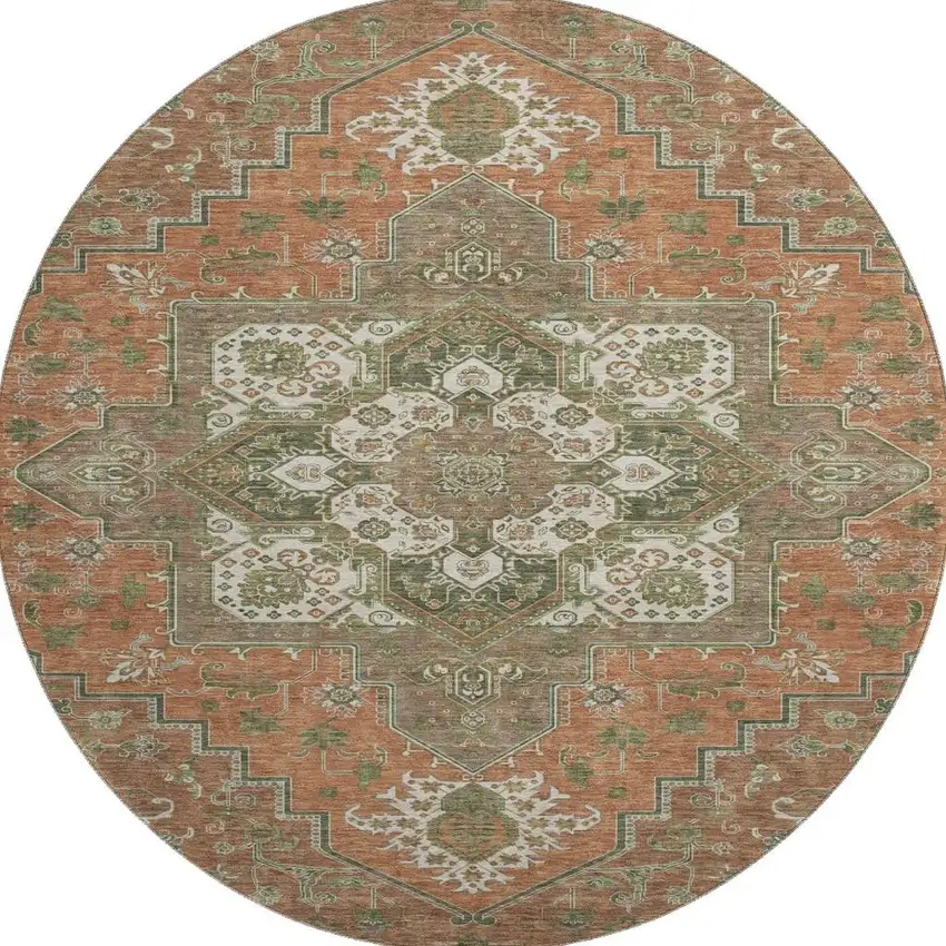 8' Rust Beige And Olive Green Oriental Washable Round Rug With UV Protection Photo 3