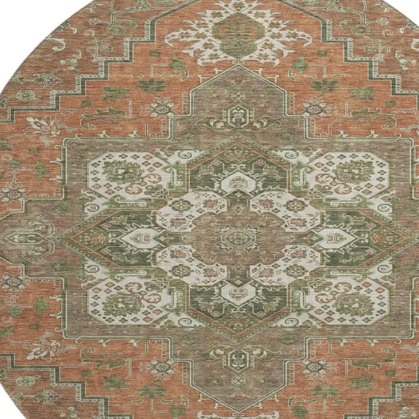 8' Rust Beige And Olive Green Oriental Washable Round Rug With UV Protection Photo 2