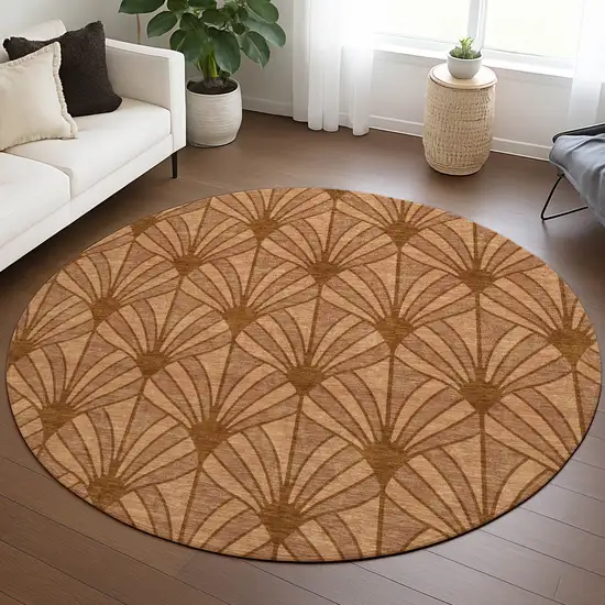 8' Rust Beige And Orange Round Seashell Washable Indoor Outdoor Area Rug Photo 5