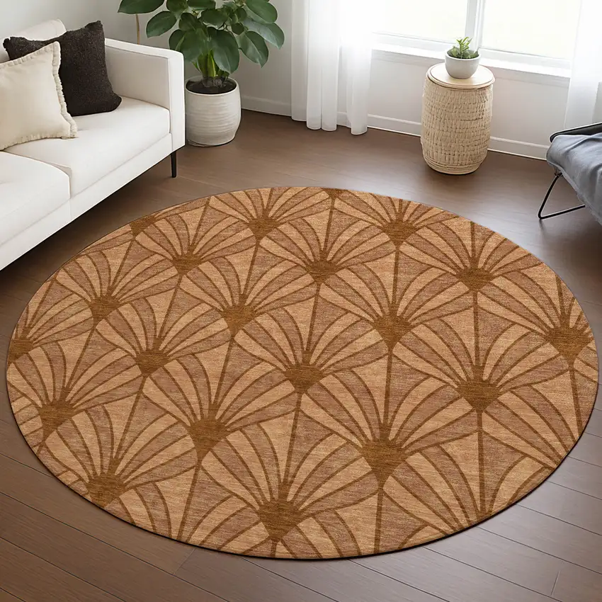 8' Rust Beige And Orange Round Seashell Washable Indoor Outdoor Area Rug Photo 5