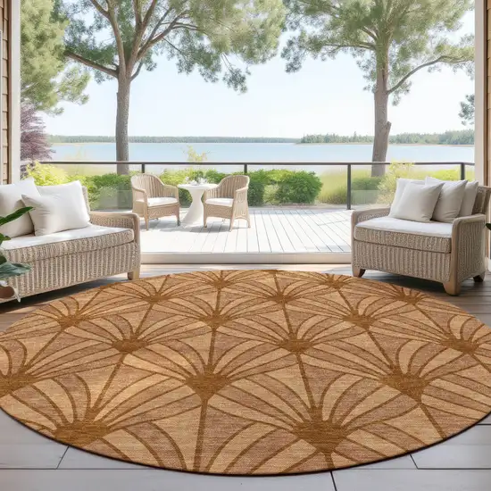 8' Rust Beige And Orange Round Seashell Washable Indoor Outdoor Area Rug Photo 4