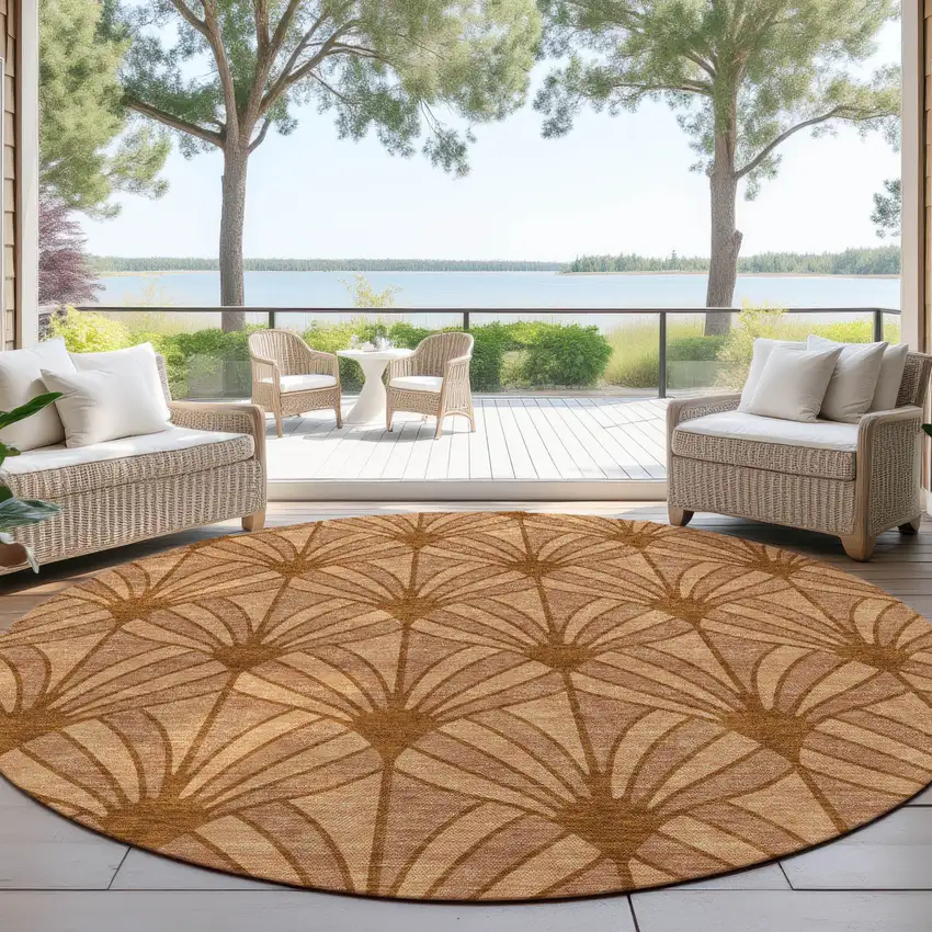 8' Rust Beige And Orange Round Seashell Washable Indoor Outdoor Area Rug Photo 4