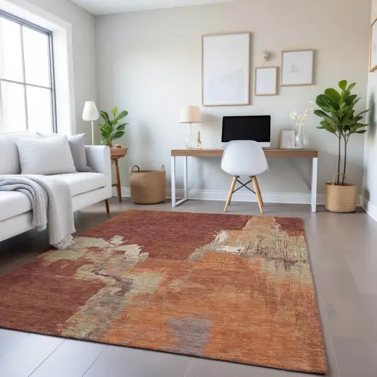 8' Rust Beige And Peach Abstract Washable Area Rug With UV Protection Photo 3