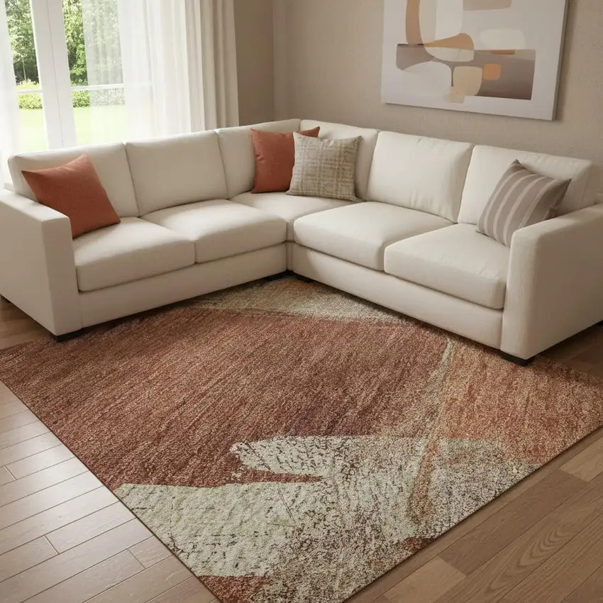 8' Rust Beige And Peach Abstract Washable Area Rug With UV Protection Photo 2