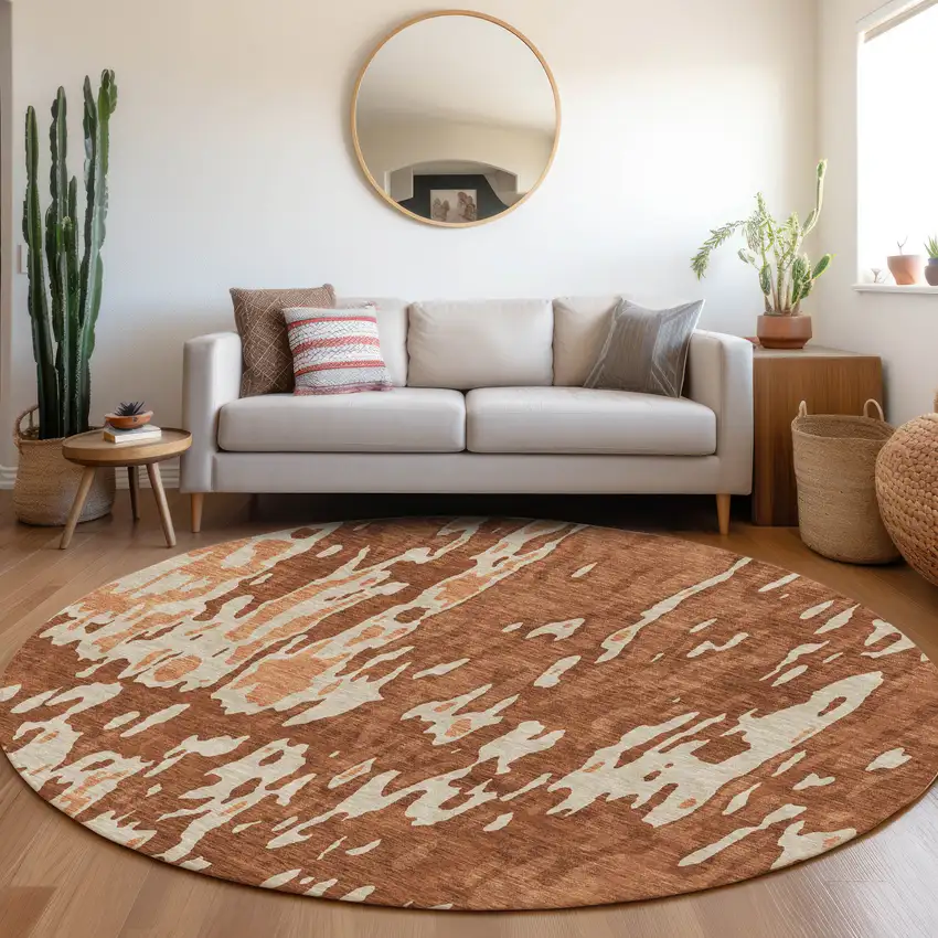 8' Rust Beige And Peach Abstract Washable Round Rug With UV Protection Photo 4
