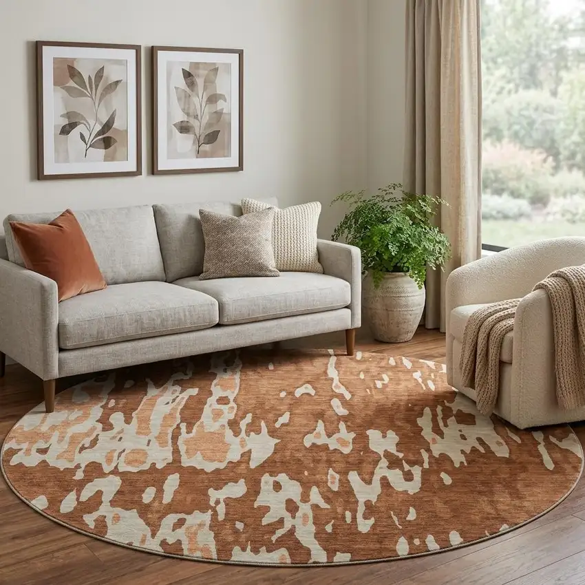 8' Rust Beige And Peach Abstract Washable Round Rug With UV Protection Photo 1