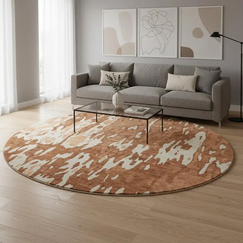 8' Rust Beige And Peach Abstract Washable Round Rug With UV Protection Photo 2