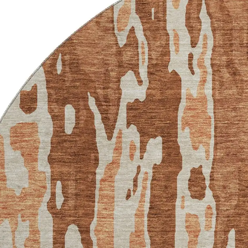 8' Rust Beige And Peach Abstract Washable Round Rug With UV Protection Photo 2
