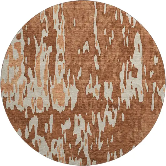 8' Rust Beige And Peach Abstract Washable Round Rug With UV Protection Photo 1