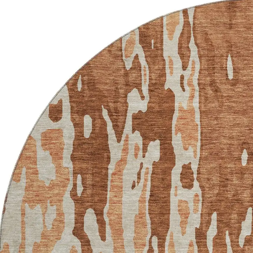 8' Rust Beige And Peach Abstract Washable Round Rug With UV Protection Photo 3
