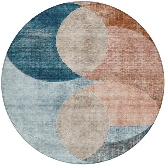 8' Rust Beige And Teal Blue Round Geometric Washable Indoor Outdoor Area Rug Photo 2