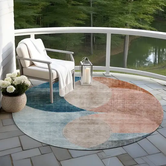 8' Rust Beige And Teal Blue Round Geometric Washable Indoor Outdoor Area Rug Photo 8