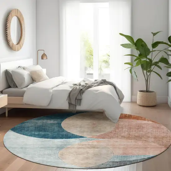 8' Rust Beige And Teal Blue Round Geometric Washable Indoor Outdoor Area Rug Photo 9
