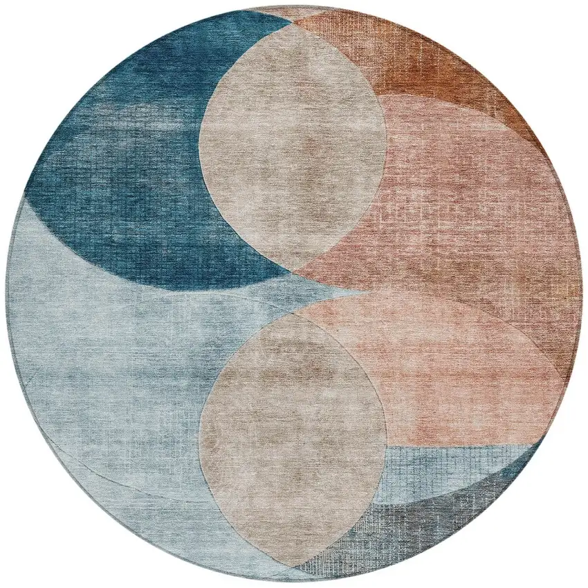 8' Rust Beige And Teal Blue Round Geometric Washable Indoor Outdoor Area Rug Photo 7