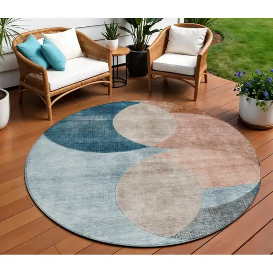8' Rust Beige And Teal Blue Round Geometric Washable Indoor Outdoor Area Rug Photo 1