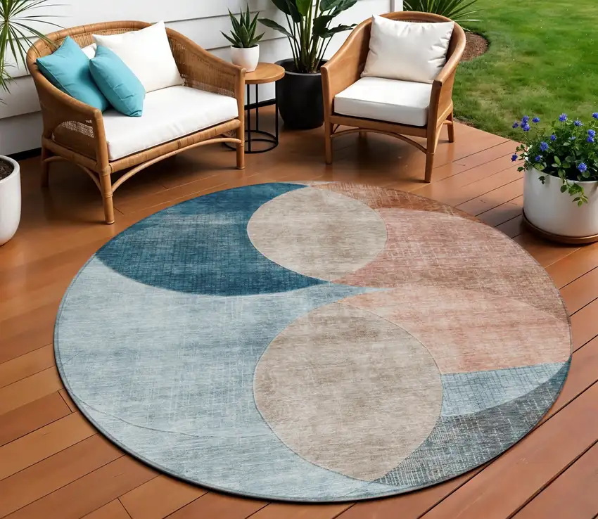 8' Rust Beige And Teal Blue Round Geometric Washable Indoor Outdoor Area Rug Photo 1