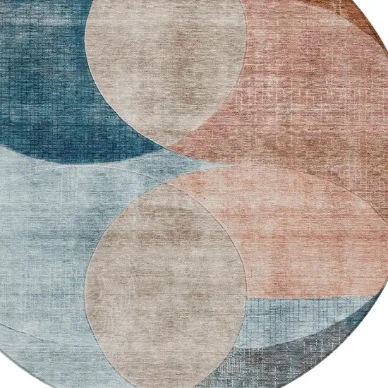 8' Rust Beige And Teal Blue Round Geometric Washable Indoor Outdoor Area Rug Photo 5