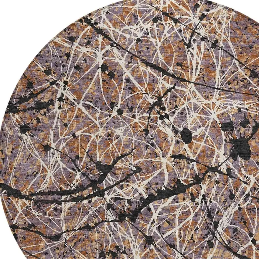 8' Rust Black And Ivory Round Abstract Washable Indoor Outdoor Area Rug Photo 2