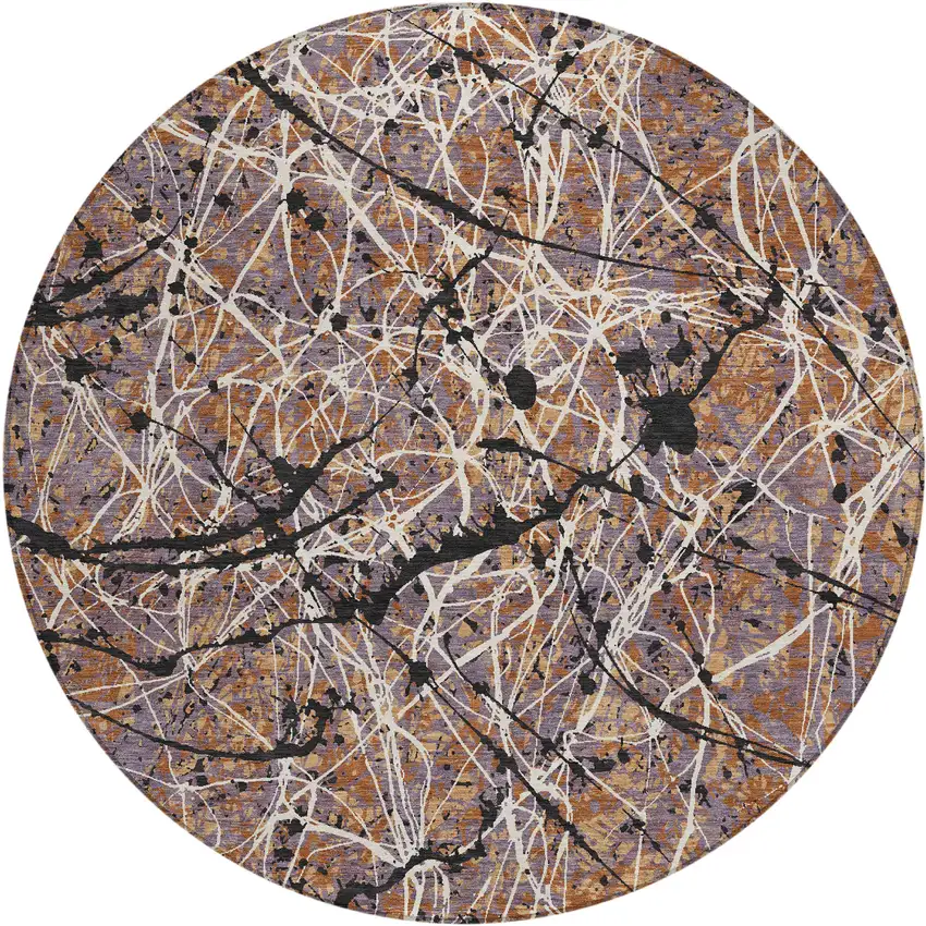 8' Rust Black And Ivory Round Abstract Washable Indoor Outdoor Area Rug Photo 1