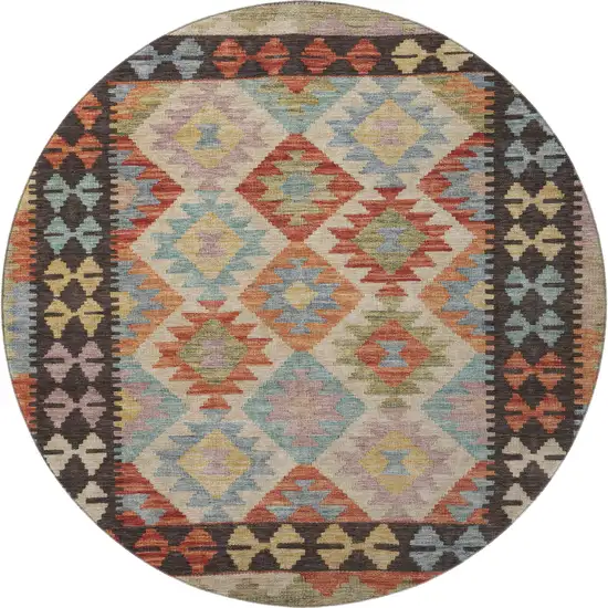 8' Rust Blue And Beige Tribal Washable Round Rug With UV Protection Photo 4
