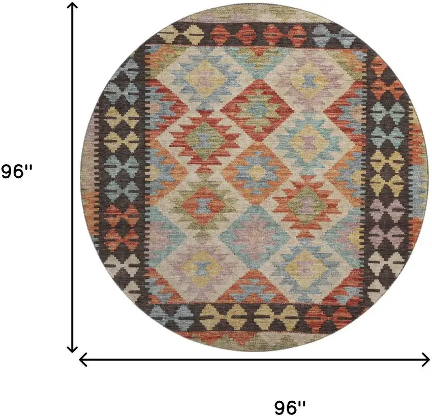 8' Rust Blue And Beige Tribal Washable Round Rug With UV Protection Photo 9