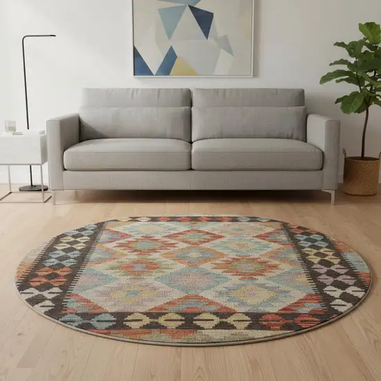 8' Rust Blue And Beige Tribal Washable Round Rug With UV Protection Photo 2