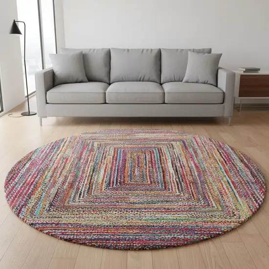 8' Rust Blue And Gold Geometric Washable Round Rug With UV Protection Photo 2