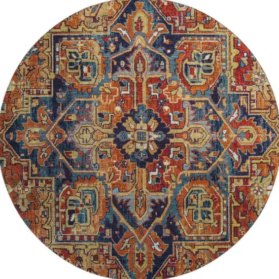 8' Rust Blue And Gold Oriental Washable Round Rug With UV Protection Photo 4