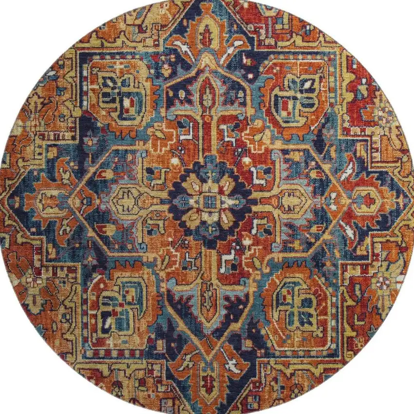 8' Rust Blue And Gold Oriental Washable Round Rug With UV Protection Photo 4