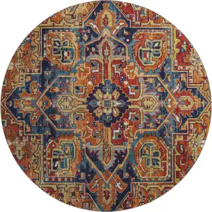 Photo of 8' Rust Blue And Gold Oriental Washable Round Rug With UV Protection