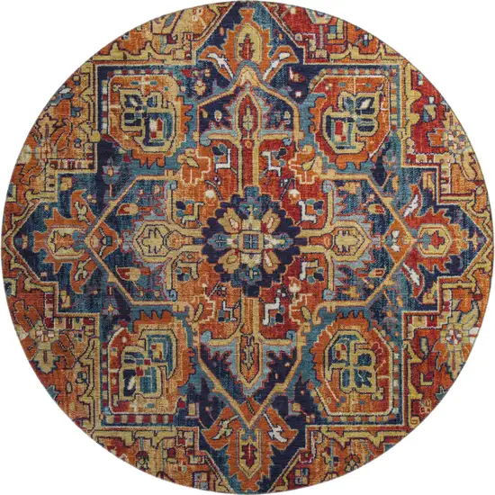 8' Rust Blue And Gold Oriental Washable Round Rug With UV Protection Photo 1