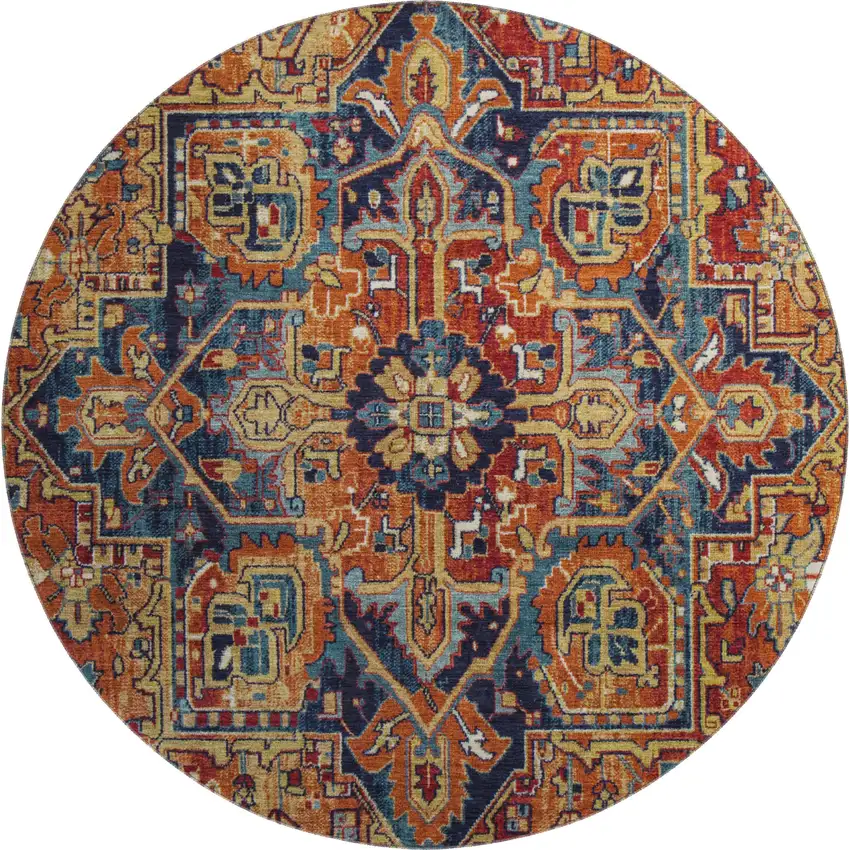 8' Rust Blue And Gold Oriental Washable Round Rug With UV Protection Photo 1