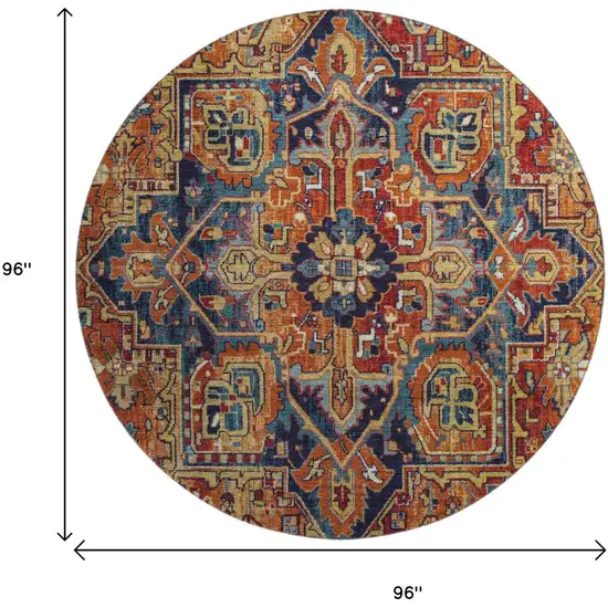 8' Rust Blue And Gold Oriental Washable Round Rug With UV Protection Photo 9