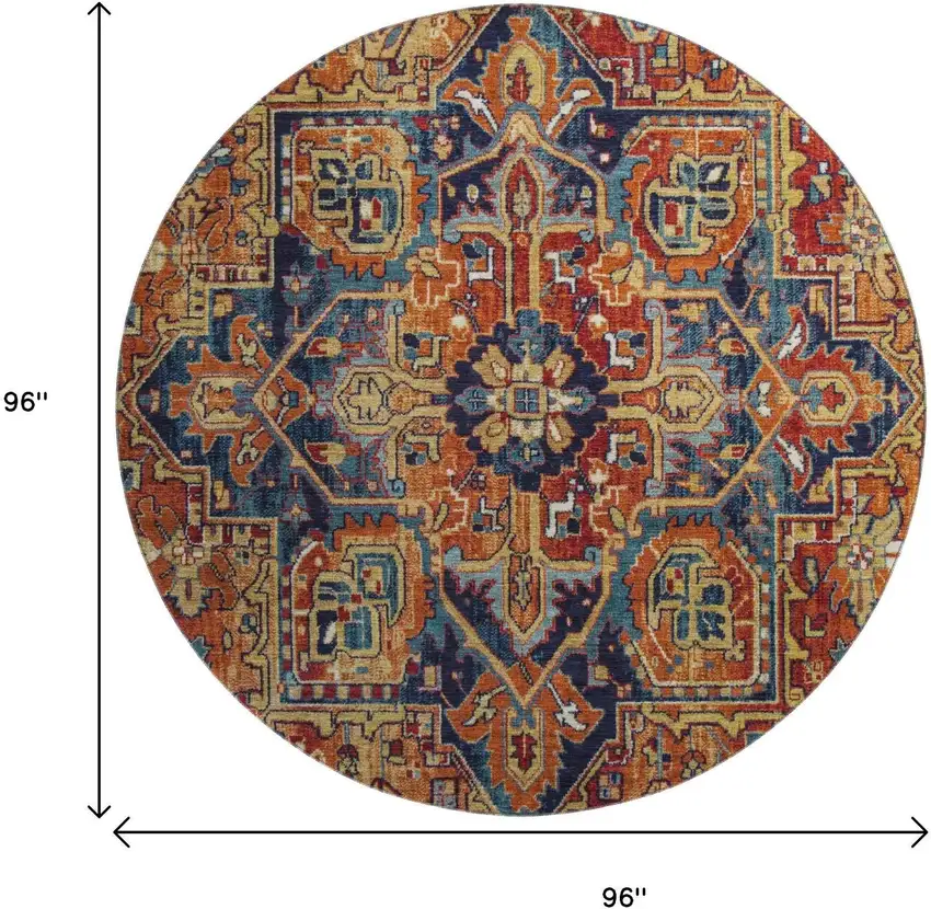 8' Rust Blue And Gold Oriental Washable Round Rug With UV Protection Photo 9