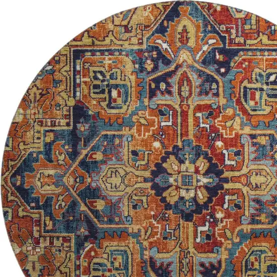 8' Rust Blue And Gold Oriental Washable Round Rug With UV Protection Photo 3