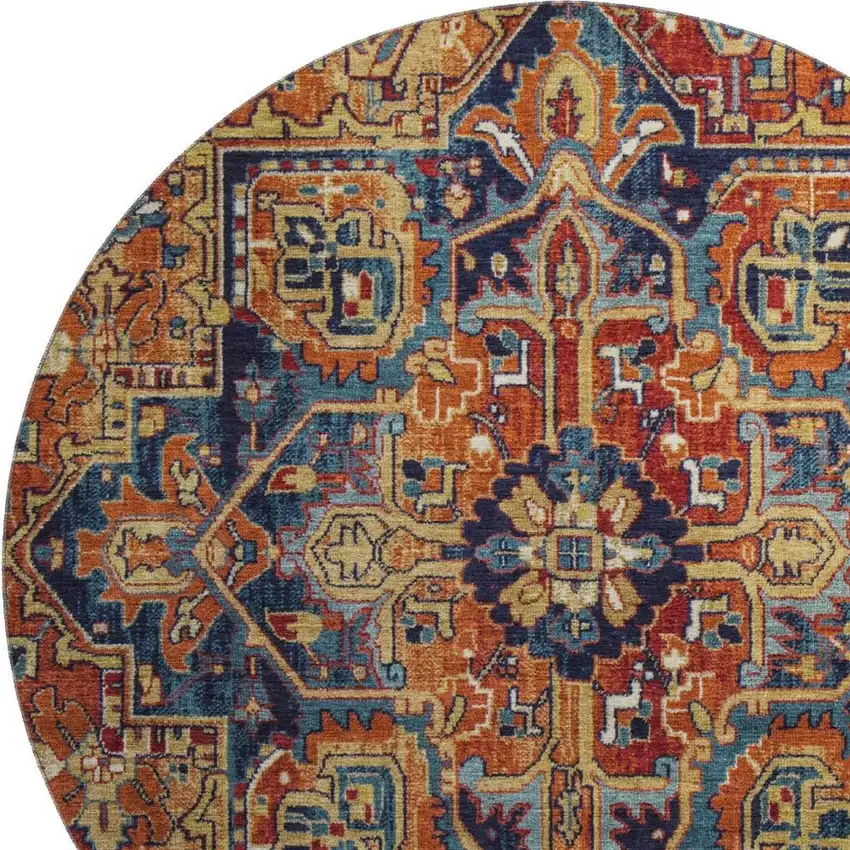8' Rust Blue And Gold Oriental Washable Round Rug With UV Protection Photo 3