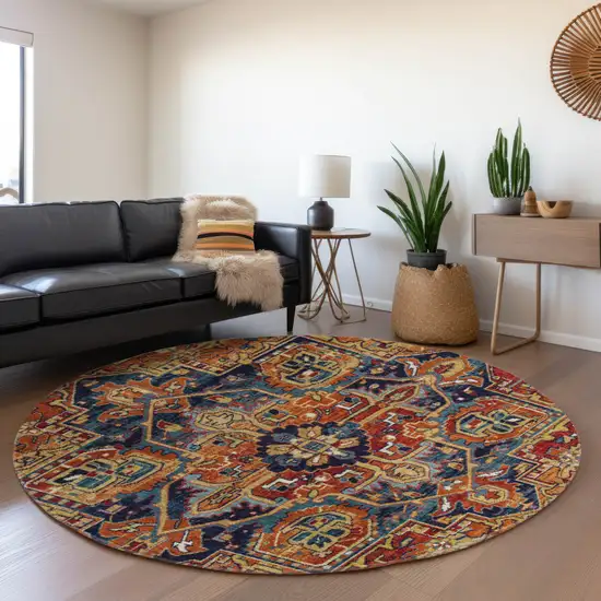 8' Rust Blue And Gold Oriental Washable Round Rug With UV Protection Photo 5